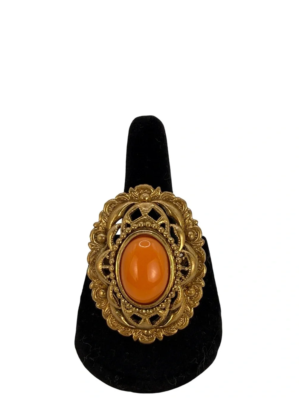 Vintage Juicy Couture Filigree Gold Tone Ring with Coral Cabochon Statement Ring